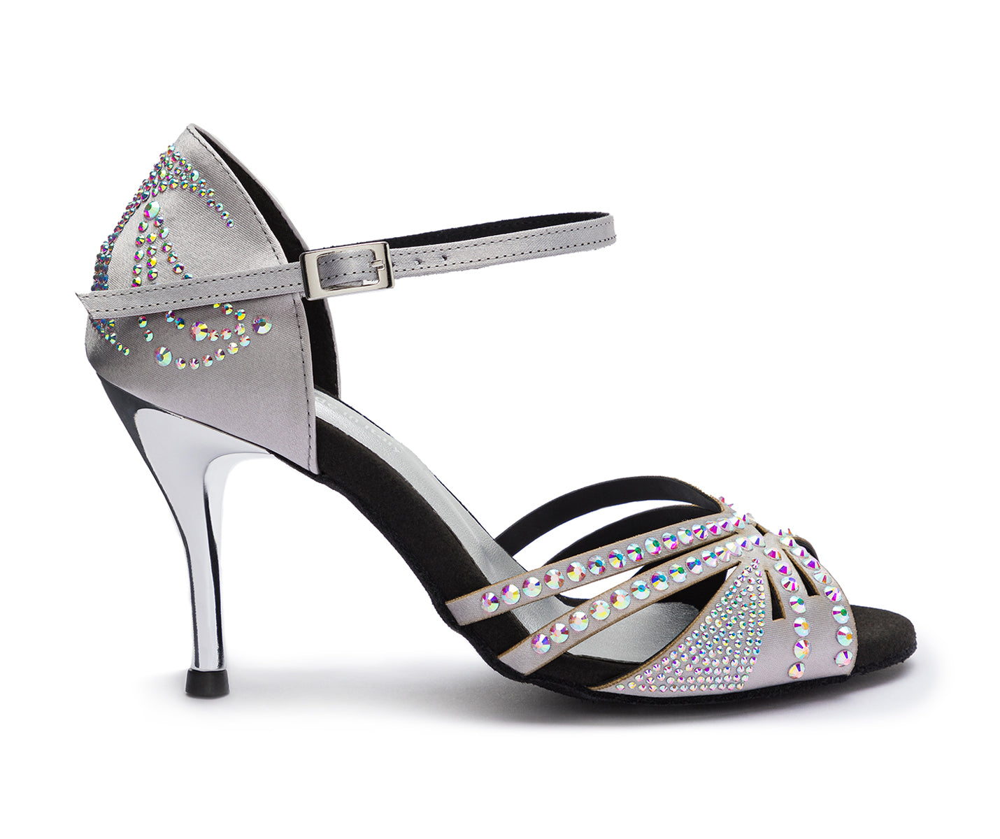 DQ L3M Tanzschuhe in Silber von Dancing Queens; High Heels mit Fesselriemchen und Strass-verziertem Absatz und Riemchen.